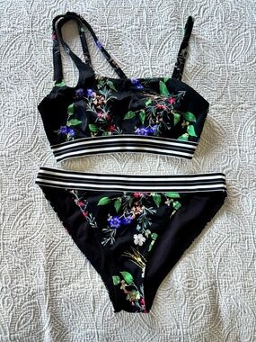 Athleta Black and White Striped Band, Floral Bikini